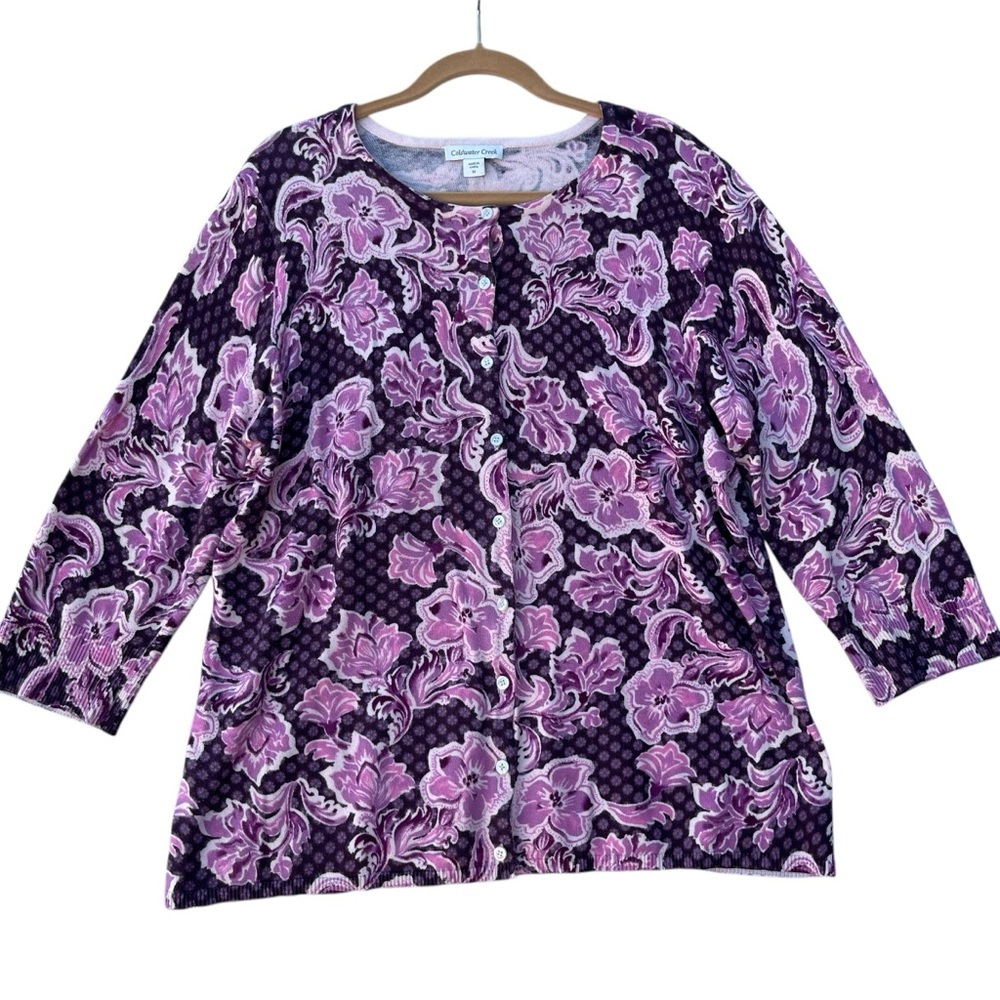 Coldwater Creek Women's Plus 1X Pink Floral Cardigan Sweater 3/4 Sleeve